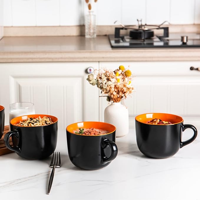 GBhome Jumbo Soup Mugs with Handles, 24 Oz Large Coffee Mugs Set of 4, Ceramic Soup bowls for Coffee,Cereal,Snacks,Salad,Noodles etc Soup Cups,Microwave&Dishwasher safe-Orange Inside