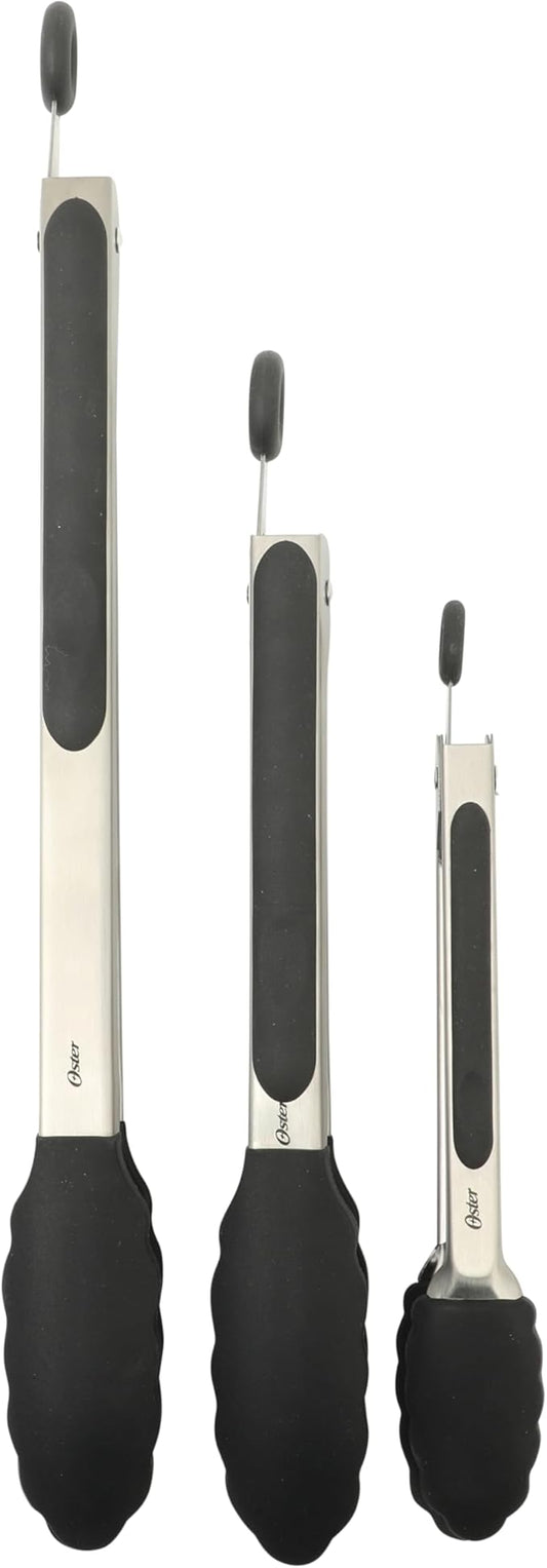 Oster 3-Piece Kitchen Tongs Set – 12", 9", 7" Locking Tongs with Heat-Resistant Nylon Tips and Stainless Steel Handles, Nonstick Safe, BPA-Free, Dishwasher Safe, Black Cooking Tongs