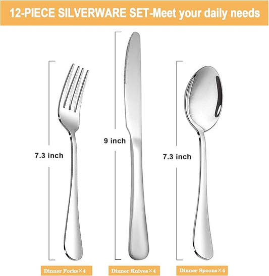 Silverware Set,SANTUO Stainless Steel Knives Spoon Forks Set for Home, Kitchen and Restaurant, Mirror Polished& Dishwasher Safe (12pcs-Silverware set)