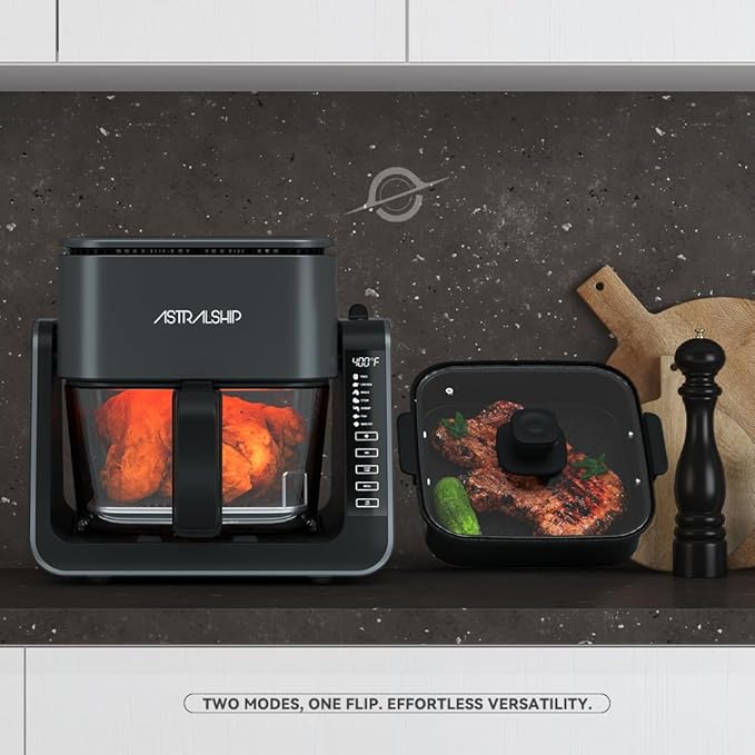 Astralship Glass Air Fryer, 2-in-1 Flip Airfryer & Grill Combo, Non-Toxic Teflon Free (No Plastic Smell), 360° Visible Cooking, 7 Presets, Compact for 1-2 People, 5.5QT Total Capacity, Dishwasher Safe