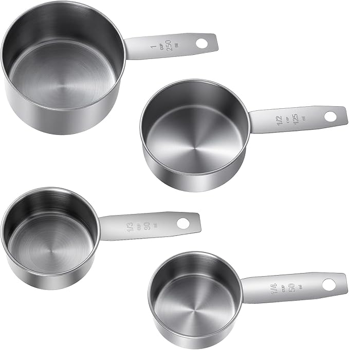 4 Pcs Stainless Steel Measuring Cup, 1, 1/2, 1/3, 1/4 Cup - 250, 125, 80, 60ml Metal Measuring Cups Scoop, Comfortable Hand Feeling Measurings Scoops for Coffee Cooking Baking Kitchen, Dishwasher Safe