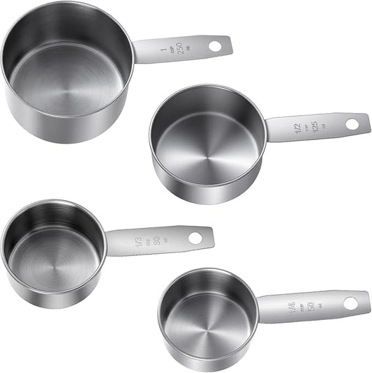 4 Pcs Stainless Steel Measuring Cup, 1, 1/2, 1/3, 1/4 Cup - 250, 125, 80, 60ml Metal Measuring Cups Scoop, Comfortable Hand Feeling Measurings Scoops for Coffee Cooking Baking Kitchen, Dishwasher Safe