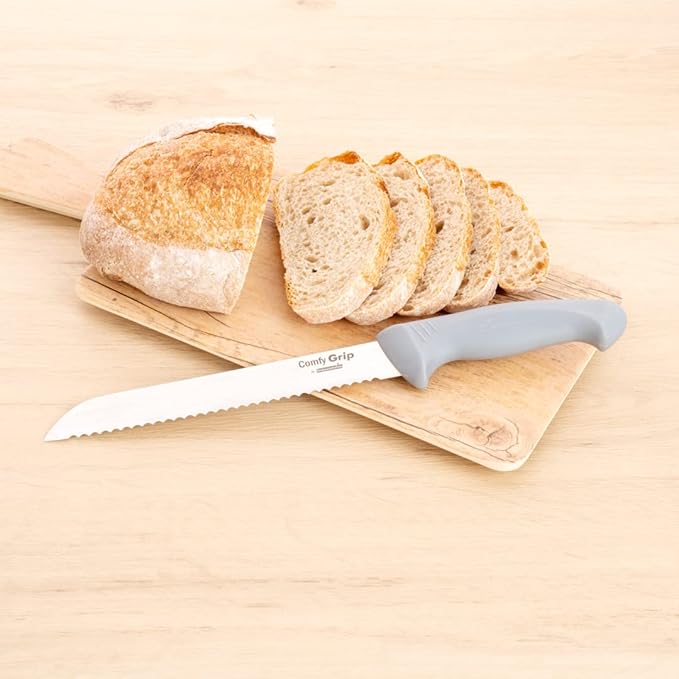 Restaurantware Comfy Grip 8 Inch Bread Knife 1 Sharp Serrated Knife - Ergonomic Handle Non-Slip Grip Gray Stainless Steel Bread Cutting Knife Dishwashable Slice All Types Of Bread