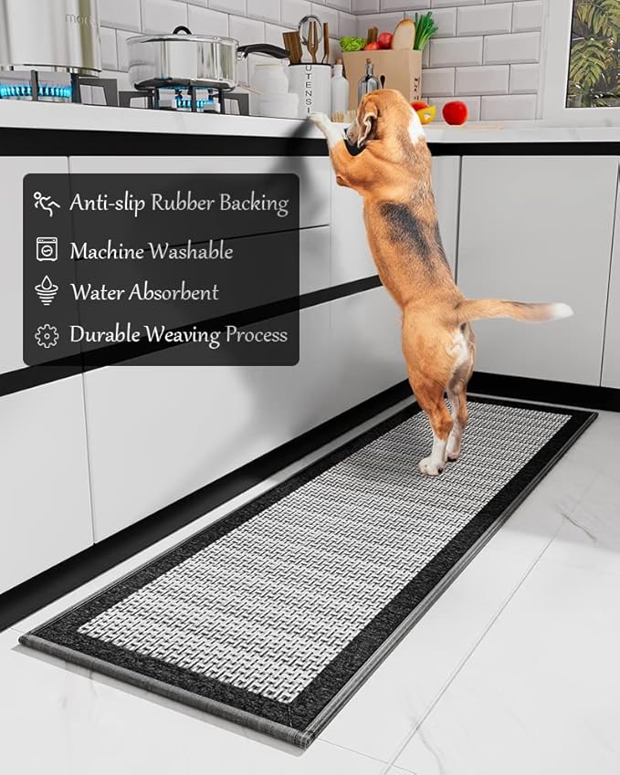 PADOOR Kitchen Mats for Floor, Kitchen Rugs Non Slip Washable, Rubber Backed Kitchen Runner Super Absorbent Kitchen Floor Mat Sink Rug, 20”x47” Black