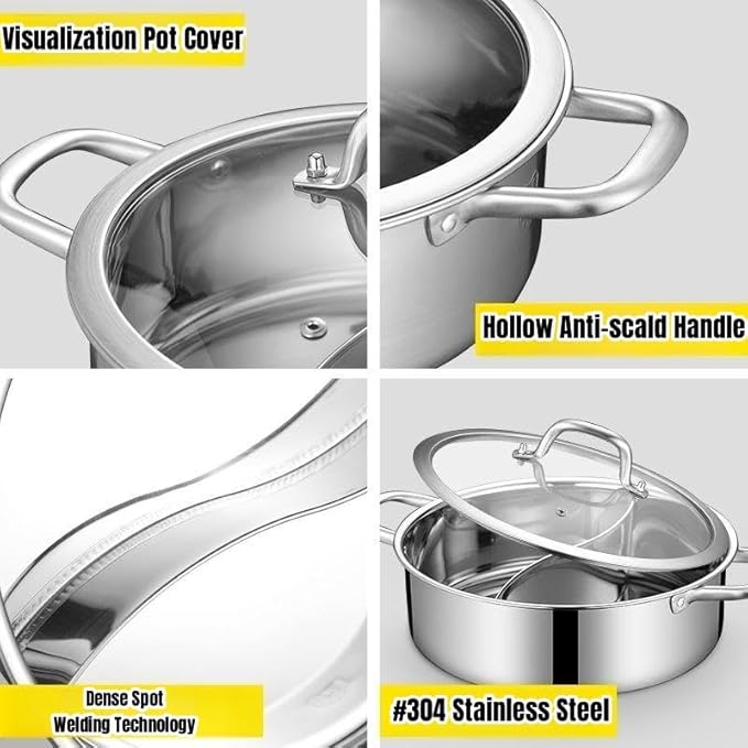 Double-flavor Shabu Shabu Pot with Divider and Lid, Dual Sided Nonstick Hot Pot, 32cm/12.6in Stainless Steel Shabu Shabu Pot, for Induction Cooktop, Gas Stove & Hot Burner, Soup Ladle Included