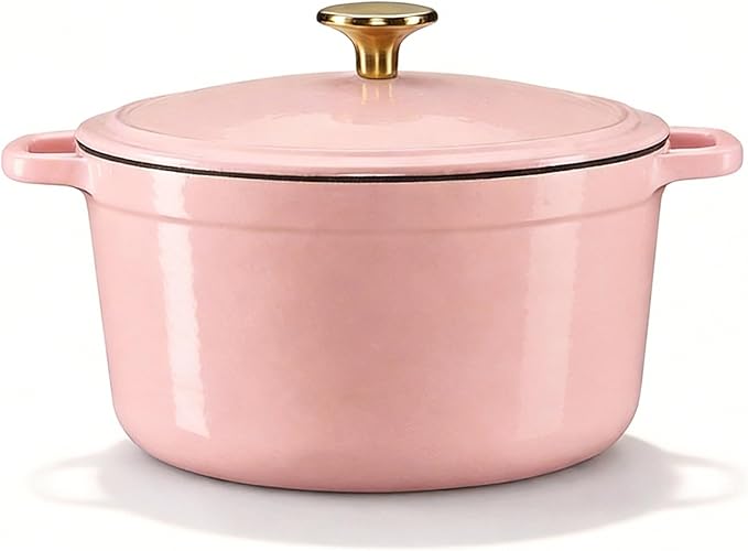 CAROTE 5QT Enameled Cast Iron Dutch Oven Pot with Lid, Heavy-Duty Dutch Ovens for Sourdough Bread Baking, Braising, Roasting, Dual Handles, Healthy & Non-Toxic, All Stovetop Compatible, Oven Safe up to 500° F, Macaron Pink