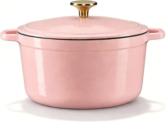 CAROTE 5QT Enameled Cast Iron Dutch Oven Pot with Lid, Heavy-Duty Dutch Ovens for Sourdough Bread Baking, Braising, Roasting, Dual Handles, Healthy & Non-Toxic, All Stovetop Compatible, Oven Safe up to 500° F, Macaron Pink