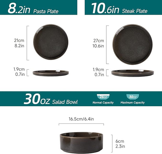 Stoneware Dinnerware Sets, Plates and Bowls Set for 4, 12-Piece Modern Stoneware Dinnerware – Chip Resistant, Non-Toxic, Dishwasher and Microwave Safe Tableware，Glossy Black