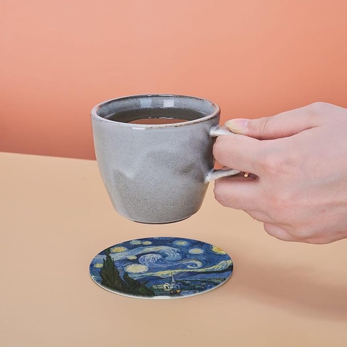 Van Gogh Art Leather Drink Coasters Set of 6 with Holder Round Cup Coaster for Table Decor