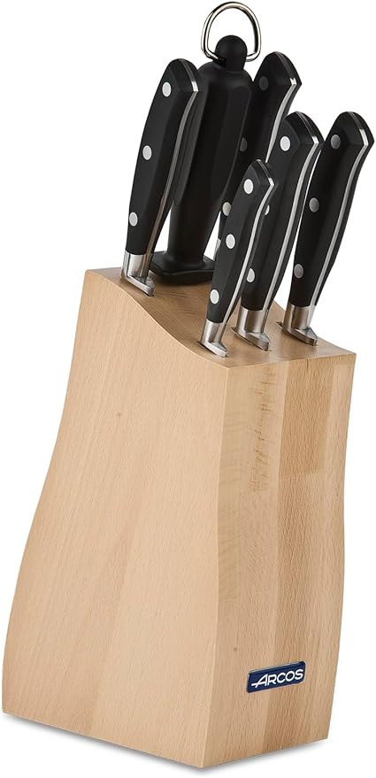 Arcos Forged Block Knife 6 piece Nitrum Stainless Steel. 4055 gr. Multi-use Cooking Knife for Cutting Meat and Vegetables. Ergonomic Polyoxymethylene POM Handle. Series Riviera. Color Black.