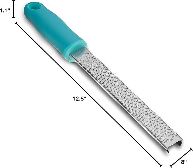 8-Inch Lemon Zester & Cheese Grater 18/8 Stainless Steel Citrus Zester for Lemon, Lime, Parmesan, Garlic & Ginger 8’’ Long Razor Sharp Blade, Ergonomic Non‑Slip Handle with Protective Cover, Blue