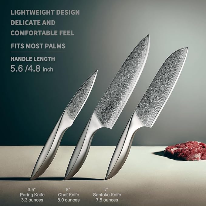 3 PCS Damascus Chef Knife Set, Ultra-Smooth Cutting Experience and Professional Grade Sharp, Kitchen Knife Set,Handle Ergonomic Design,9CR18MOV High Carbon Stainless Steel,Dishwasher Safe