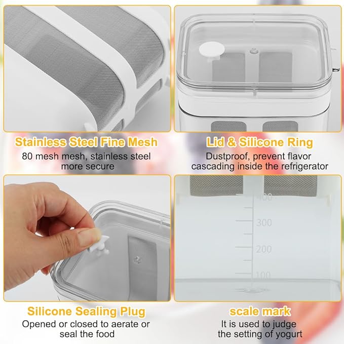 Greek Yogurt Strainer-1100ML (1.16 Quarts) Yoghurt Maker Strainer With Fine Mesh,Lid & Scale Mark,Greek Yogurt Maker,for Whey Separation,Fits Nut Milk,Juice,Tofu,Cheese