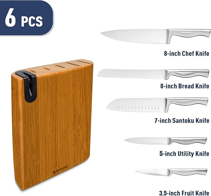 Knife Set, 6-Piece Kitchen Knife Set with Wooden Knife Block and Built-in Sharpener, Stainless Steel Sharp knives set for kitchen, Knife Block Set