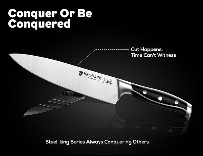 BRODARK Knife Set: 7 Piece Ultra Sharp Kitchen Knife Set Without Steak Knives, Knives Set for Kitchen with High Carbon Super Steel & Ergonomic Handle, Acacia Wood Block with Scissors and Sharpener