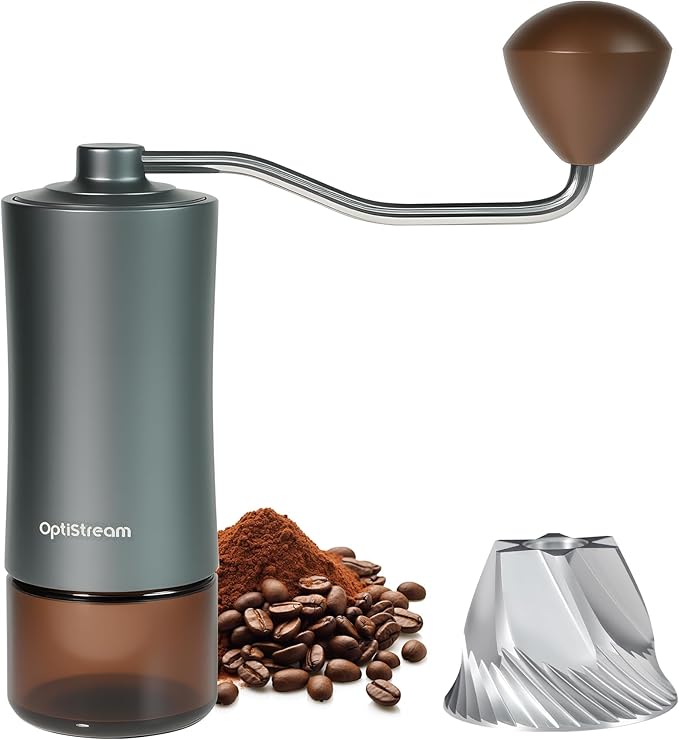 Optistream 6-Burr Manual Coffee Grinder – Easy-Use CNC420 High-Carbon Steel, Gray Aluminum Body & Glass Jar, 25 g Capacity, Slim design for travel