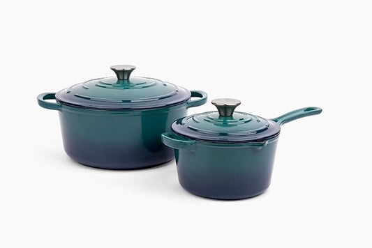 Larder & Vine 4-Piece Enameled Cast Iron Set, Oven Safe and Suitable for All Cooktops – includes 5.7 Quart Dutch Oven Pot with Lid and 2.2 Quart Saucepan with Lid (Bondi)