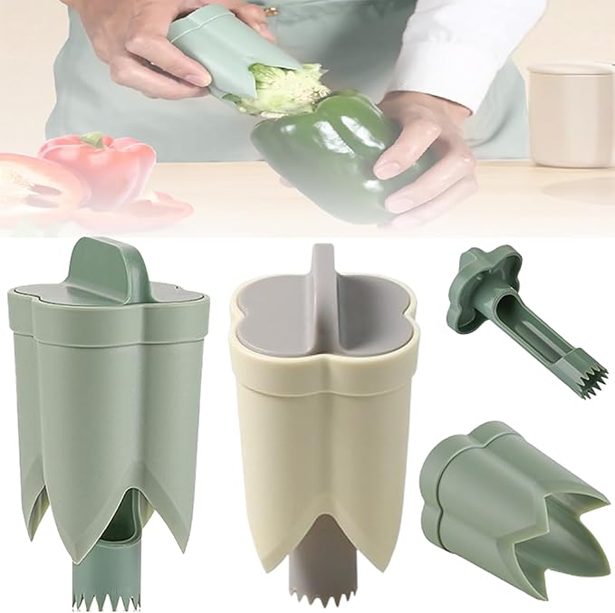 2 in 1 Pepper Seed Corer Remover - Versatile Bell Pepper Corer Tool (Beige+Green, 2Pcs)