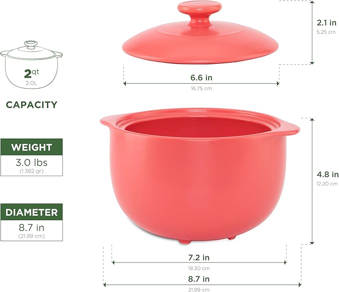 MINH LONG 2-Qt Porcelain Dutch Oven with Lid – Lead & Cadmium Free, Oven Safe to 482°F, Heat Retention, Clay Pot for Cooking on Gas & Infrared Cooktop, Use to Marinate, Cook, Bake, Refrigerate & Serve
