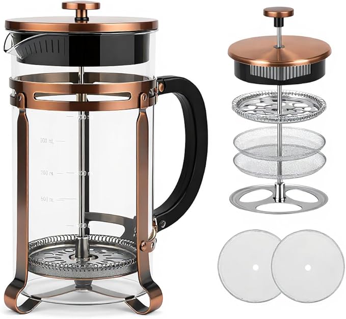 Coffee Maker304 Stainless Steel French Press with 4 Filter, Heat Resistant Durable, Borosilicate Glass Coffee Press, 100% BPA Teapot, 21 ounce, copper