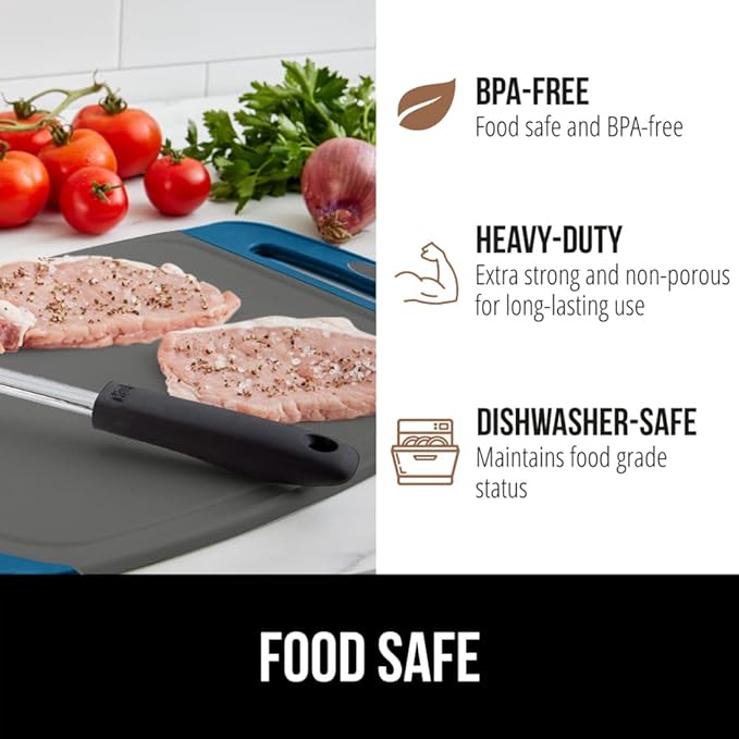 GORILLA GRIP BPA-Free Reversible Kitchen Cutting Board Set of 3, US Designed, Nonporous, Juice Grooves Catch Liquid, Slip Resistant Border, Dishwasher Safe, Durable Food Chopping Boards, Blue Gray
