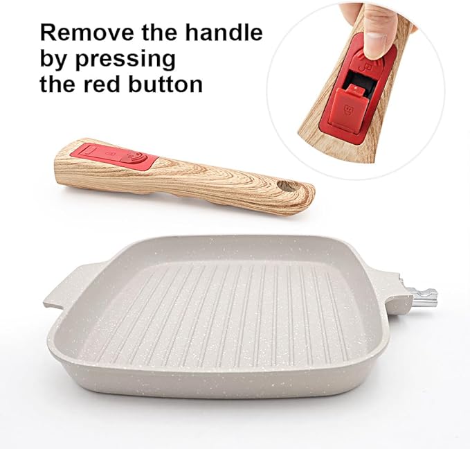 RANX INGST Griddle Pan with Lid, 10 Inch Cast Aluminium Non Stick Steak Pan with Detachable Handle for Induction Hob, White