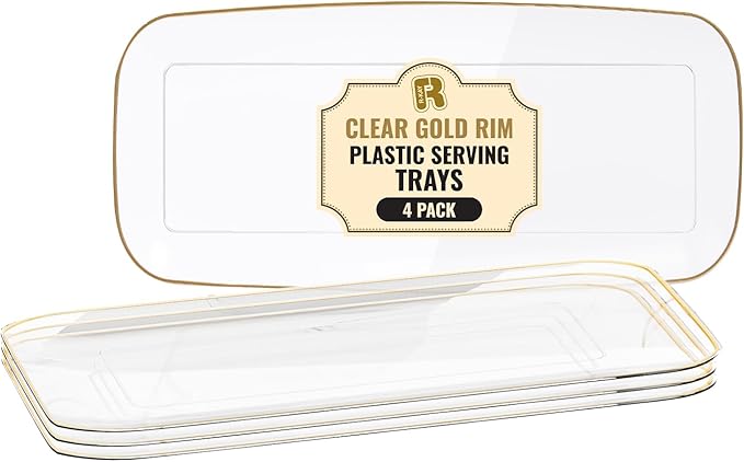 R-kay 4 Pack Clear Plastic Serving Trays - 10 by 5.5 in Heavy Duty Rectangular Platters for Party, Food, and Desserts