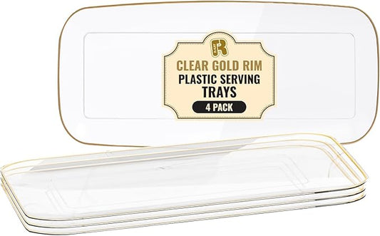 R-kay 4 Pack Clear Plastic Serving Trays - 10 by 5.5 in Heavy Duty Rectangular Platters for Party, Food, and Desserts