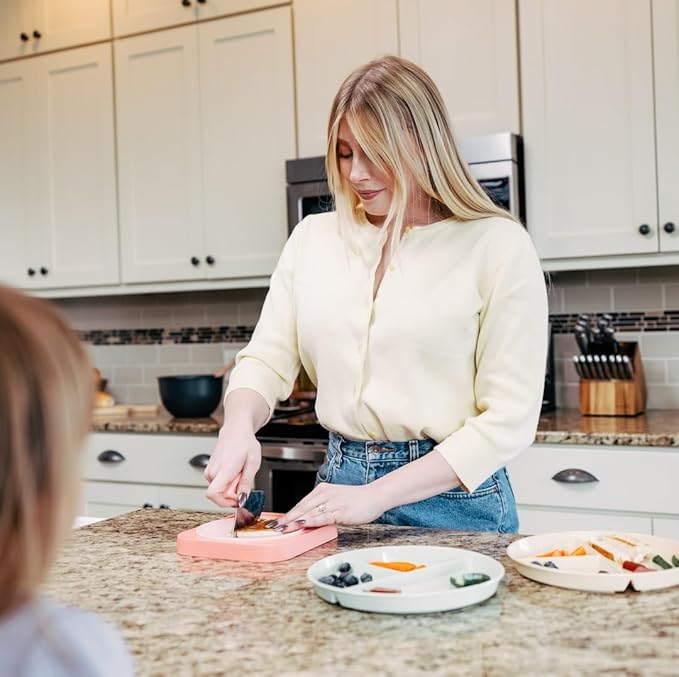 Sharp Rocker Knife for Adults – Chef-Grade Kitchen Knife for Parents and Kids 12+ with Non-Slip Cutting Board, Dishwasher Safe, One-Handed Meal Prep, Microplastic-Free Insert (Sweet Peach)