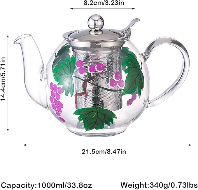 1000ml/35oz Hand Painted Pattern Glass Teapot For Stovetop,Tea Pot For Loose Tea,Glass Tea Kettle With Infuser (Grape)