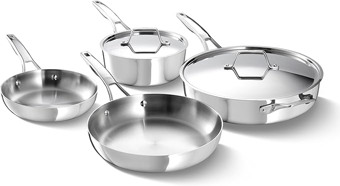 Calphalon Premier Polished 5-Ply Stainless Steel Cookware Set w/Turbo Heat Tech 6 Piece Includes Frying Pans, Pots and Pans Set, Induction, Oven Safe 500F, Silver