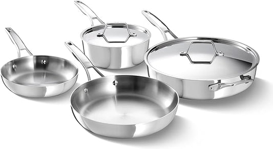 Calphalon Premier Polished 5-Ply Stainless Steel Cookware Set w/Turbo Heat Tech 6 Piece Includes Frying Pans, Pots and Pans Set, Induction, Oven Safe 500F, Silver