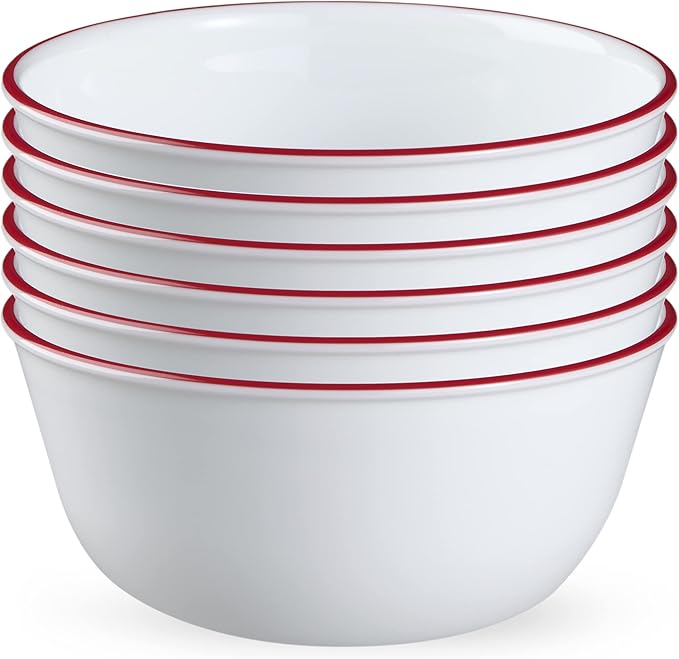 Corelle Vitrelle Glass 6-PC Bowls Set, For Soup Cereal & Dessert, Chip-Resistant & Lightweight Bowl Dinnerware Set, Red Banded 28 OZ
