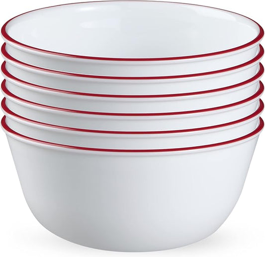Corelle Vitrelle Glass 6-PC Bowls Set, For Soup Cereal & Dessert, Chip-Resistant & Lightweight Bowl Dinnerware Set, Red Banded 28 OZ