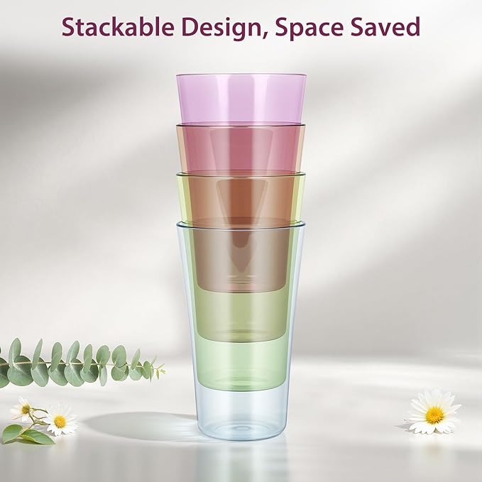 20oz Plastic Tumblers (Set of 8), Multiple Colors Reusable Water Cups, BPA-Free, Shatter-Proof, Dishwasher & Microwave Safe, Stackable Drinking Glasses for Home, Outdoor, Camping, Picnic, Pool