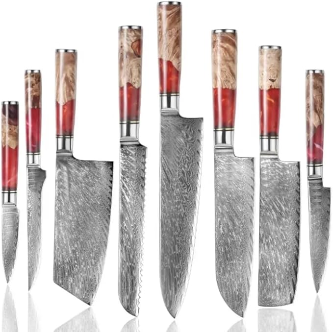 Epicurean Cook Damascus Kitchen Knife Set with VG10 Steel - 8-Piece Japanese Damascus Knife Set for Professional Performance - Ultra Sharp Chef Knives with Burl Wood Red Resin Handles