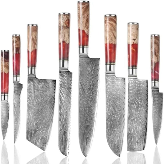 Epicurean Cook Damascus Kitchen Knife Set with VG10 Steel - 8-Piece Japanese Damascus Knife Set for Professional Performance - Ultra Sharp Chef Knives with Burl Wood Red Resin Handles