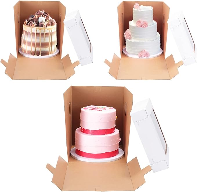 Huoshange Tall Cake Boxes for Tier Cakes,10x10x12 Inch [3Pack ] Thick Sturdy Cake Box with Window, Layer Cake Carrier,Disposable Cake Containers