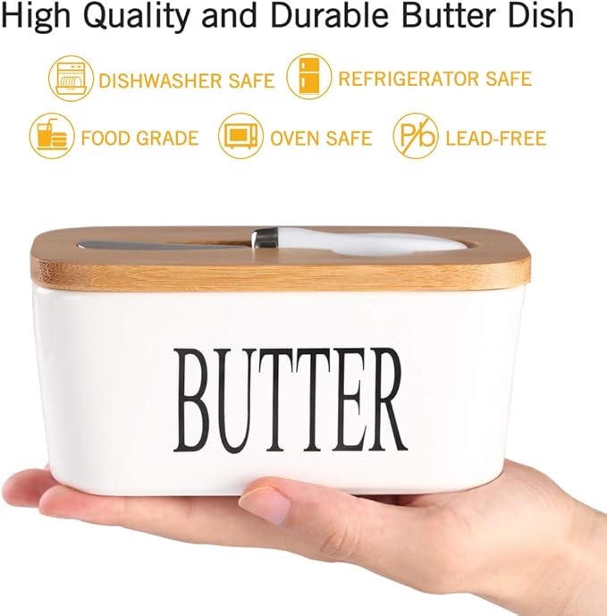 Ceramic Butter Dish with Wooden Lid, Large Butters Container Keeper Storage with Stainless Steel Knife Spreader, Bamboo Cover and Silicone Sealing Ring for West East Coast, White