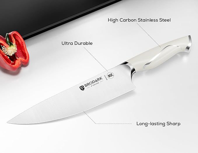 BRODARK Kitchen Knife Sets with Block and Built-in Sharpener - Ultra Sharp15 Pcs Full Tang Professional Chef Knife Set, High Carbon Super Steel Cutlery Set, Ivory Series with Gift Box for Men Women