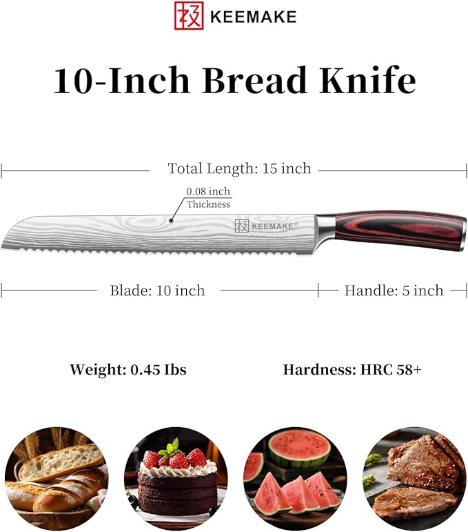 KEEMAKE Bread Knife 10 Inch, Ultra Sharp High Carbon Stainless Steel Serrated Bread Knife for Homemade Bread, Professional Bread Slicing Knives for Sourdough Bread, Bagels, Cake