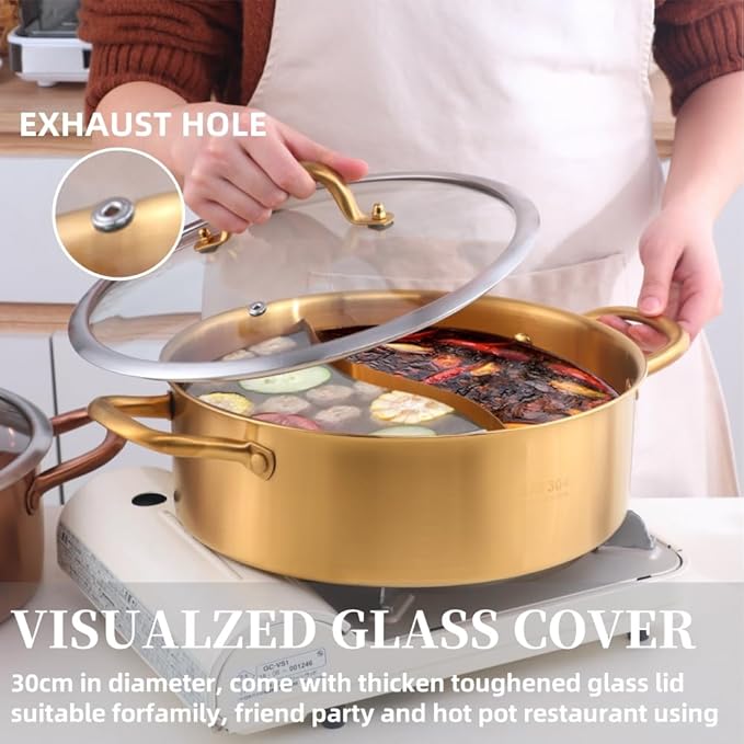 BOOTLION 11.8 Inch Stainless Steel Shabu Hot Pot with Divider, Glass Lid Dual Sided Stockpots, Slotted Spoon and Soup Ladle for Induction Cooktop Gas Stove，Dishwasher safe (Silver)