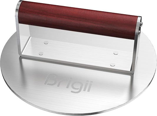 Brigii 8.5" Stainless Steel Smashed Burger Press, Round Flat Edge Grill Press for Crispy Smash Burgers, Hamburger Tool for Grill and Griddle Accessories, for BBQs and Tailgates, Dishwasher Safe