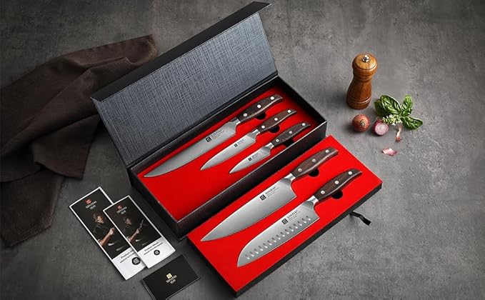 XINZUO German Stainless Steel Knife Set, 5Pcs Professional Chef Knife Sets for Chefs, Ultra Sharp,Chef Santoku Slicing Petty Paring Knife with Red Sandalwood Handle