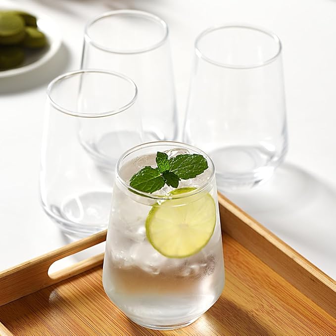 Modern Glass Drinking Cups Set, Clear Crystal Stemless Tumblers, 13.2 oz Capacity, 4.53 inch Height, 4 Pack (Transparent glass cup) Kitchen Water Iced Tea Juice Milk Beverage Glass