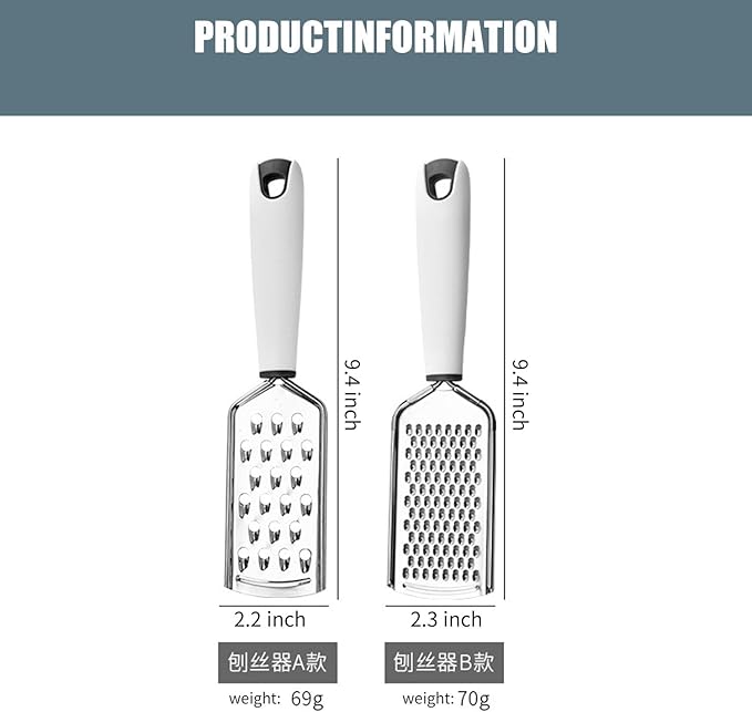 Zester Grater Set of 2, Kitchen Grater Zester Tool for Cheese,Lemon,Nutmeg, Chocolate, Fruits,Vegetables,Zucchini, Carrot, Apple, Cabbage (thick shreds&thin shreds)