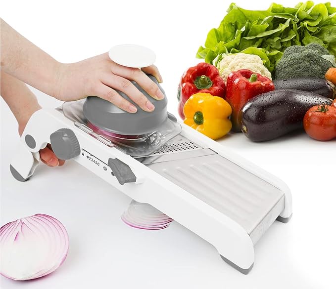 Large Mandoline Slicer for Kitchen - Professional Stainless Steel Onion Slicer & Cabbage Shredder, Integrated 2-in-1 Blade for Waffle & Smooth Cuts, Safety Hand Guard Included (Gray)