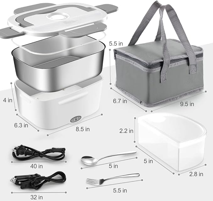FVW Electric Lunch Box Food Heater, 3 in 1 Portable Food Warmer Lunch Box for Car & Home, Leak Proof, Lunch Heating Microwave with 304 Stainless Steel Container 1.5 L, 110V/12V/24V
