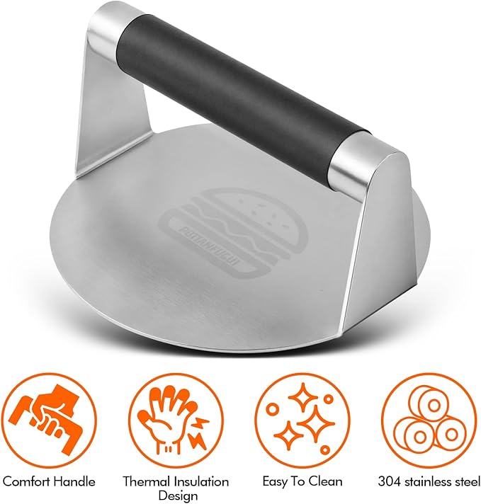 304 Stainless Steel Smash Burger Press with Heat-Resistant Gloves for Burger Lovers: Prevent From Getting Burned - 6.3 Inches Non Stick Hamburger Smasher Tool for BBQs and Cookouts - Dishwasher Safe