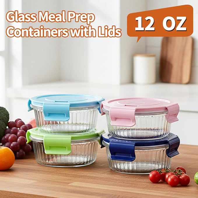Small Round Glass Food Storage Containers with Lids, 1.5 Cup Round Food Containers set BPA-Free, 12oz Glass Lunch Bowls for Soup Leftover, Microwave, Dishwasher and Freezer Safe (4pack)